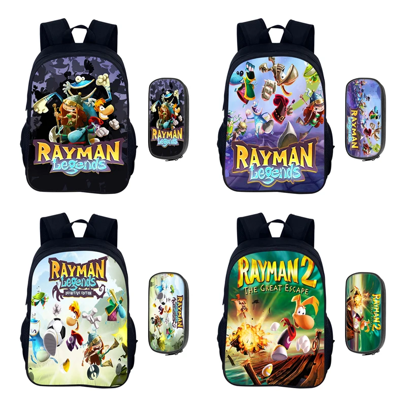 Juegos de dibujos animados Rayman Legends, conjunto de 2 uds., mochila escolar para niños y niñas, mochila para acampar, estuche para lápices, estuche para lápices, caja para lápices