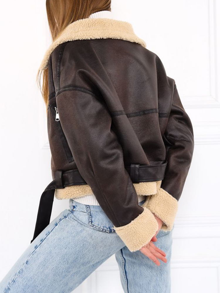 Ailegogo ストリート女性ヴィンテージルーズショートフェイクラムファージャケット秋冬女性モトバイカージッパーコートシックな生き抜く
