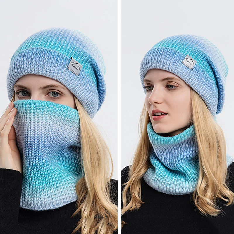 2pcs Warm Hat Set Autumn Winter Korean Version Gradient Color Woolen Thickened Ear Protection Cold