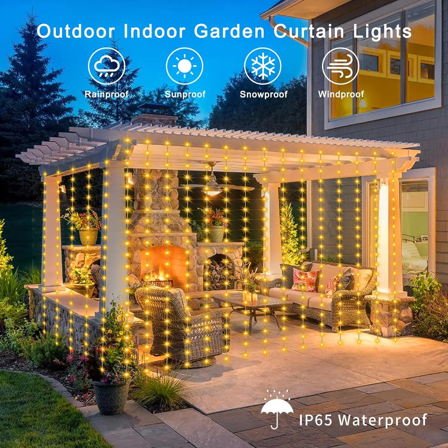 ม่านพลังงานแสงอาทิตย์ไฟ LED กันน้ํากลางแจ้ง 300 LEDs Garland ตกแต่ง String ไฟ YARD Fairy Garland String ไฟ