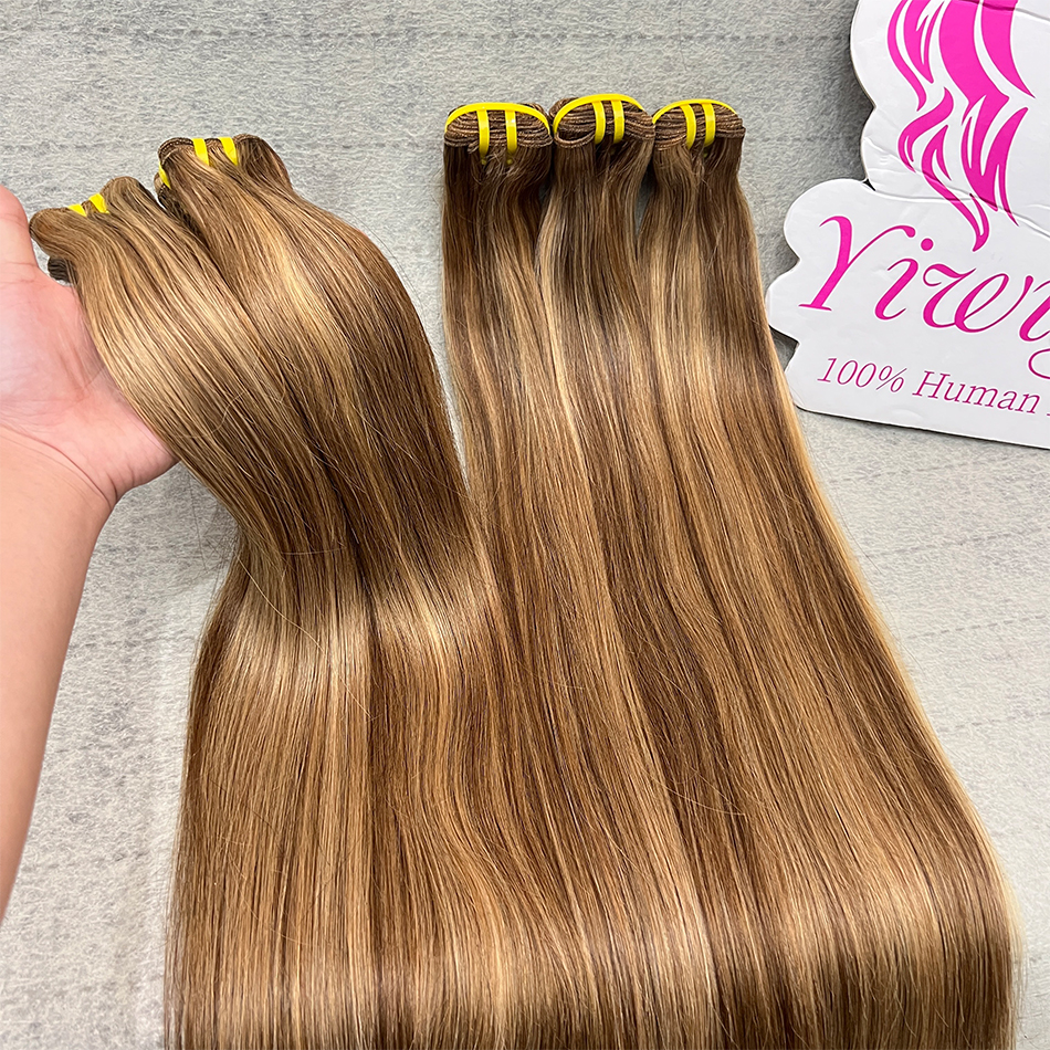 ผมต่อแบบสานสีน้ำตาลสำหรับผู้หญิงมัดเส้นผมมนุษย์100% ตรงสีไฮไลต์เกรด10A #4/27
