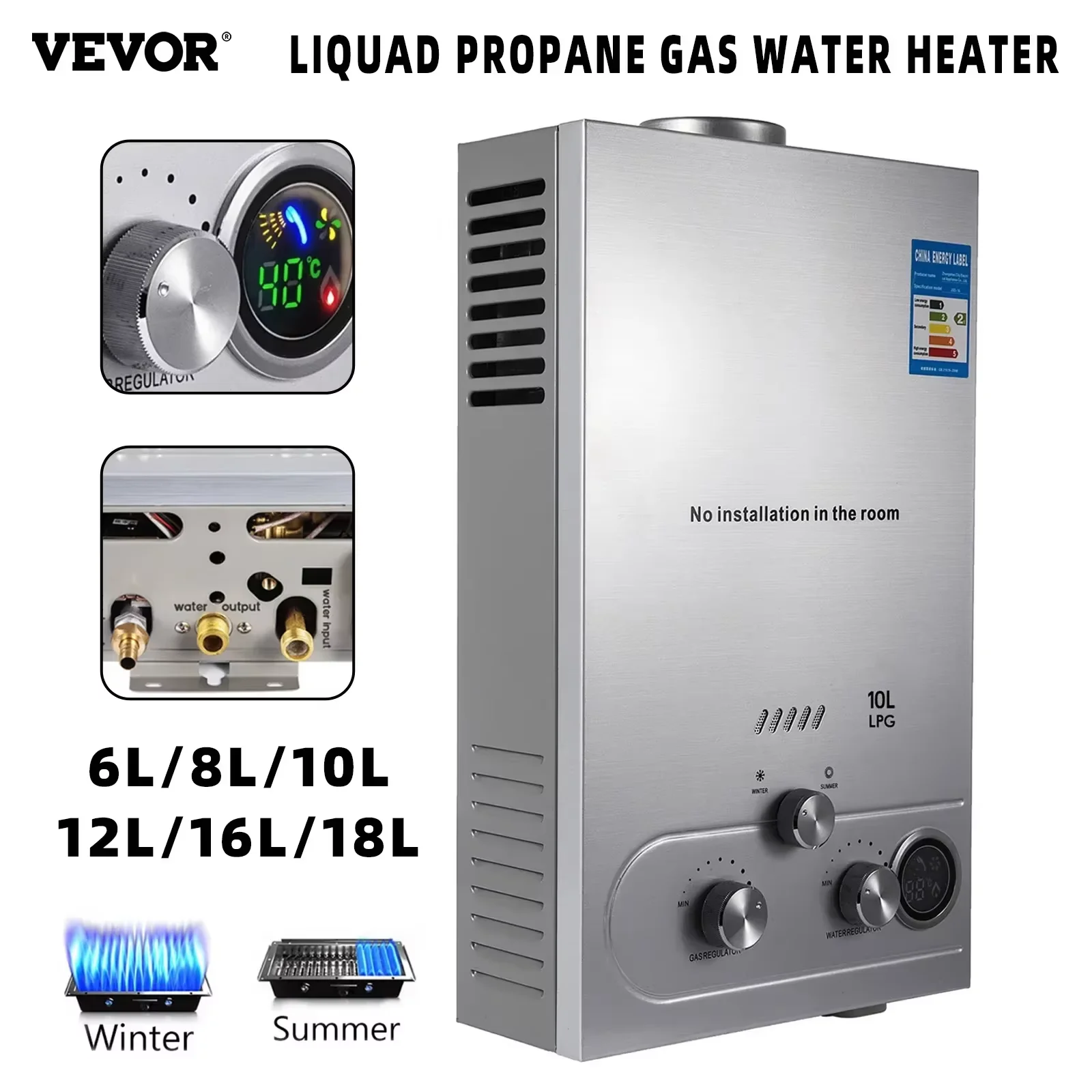 VEVOR Propaan LPG Boiler Gas Rvs Tankless Propaan Gas LPG Boiler Huishoudapparaat 6L-18L Boiler