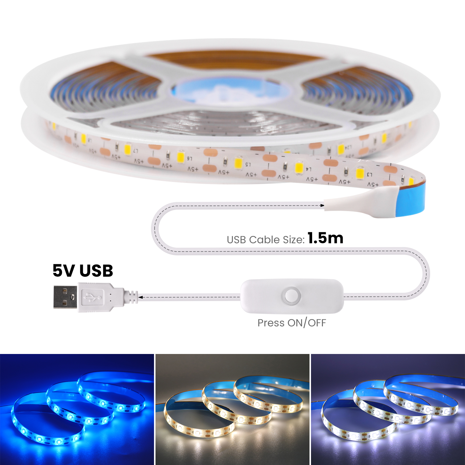 5V 2835 LED Strip Light USB 60Leds/m Flexible Fita Led Tape With Switch White Warm White Waterproof LED Lights for Room Decor