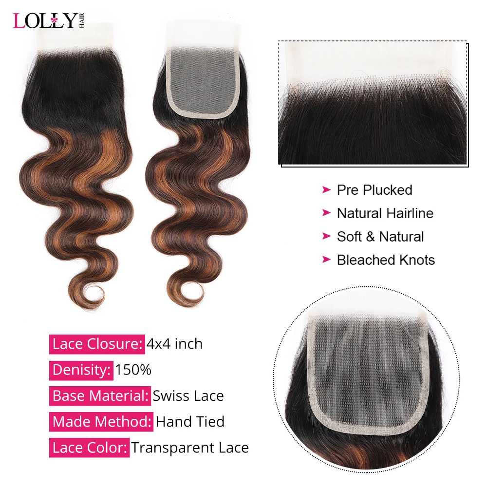 Fb 30 marrom destaque onda do corpo pacotes com fechamento 3 pacotes com 4x4 fechamento do laço brasileiro remy extensões de cabelo colorido