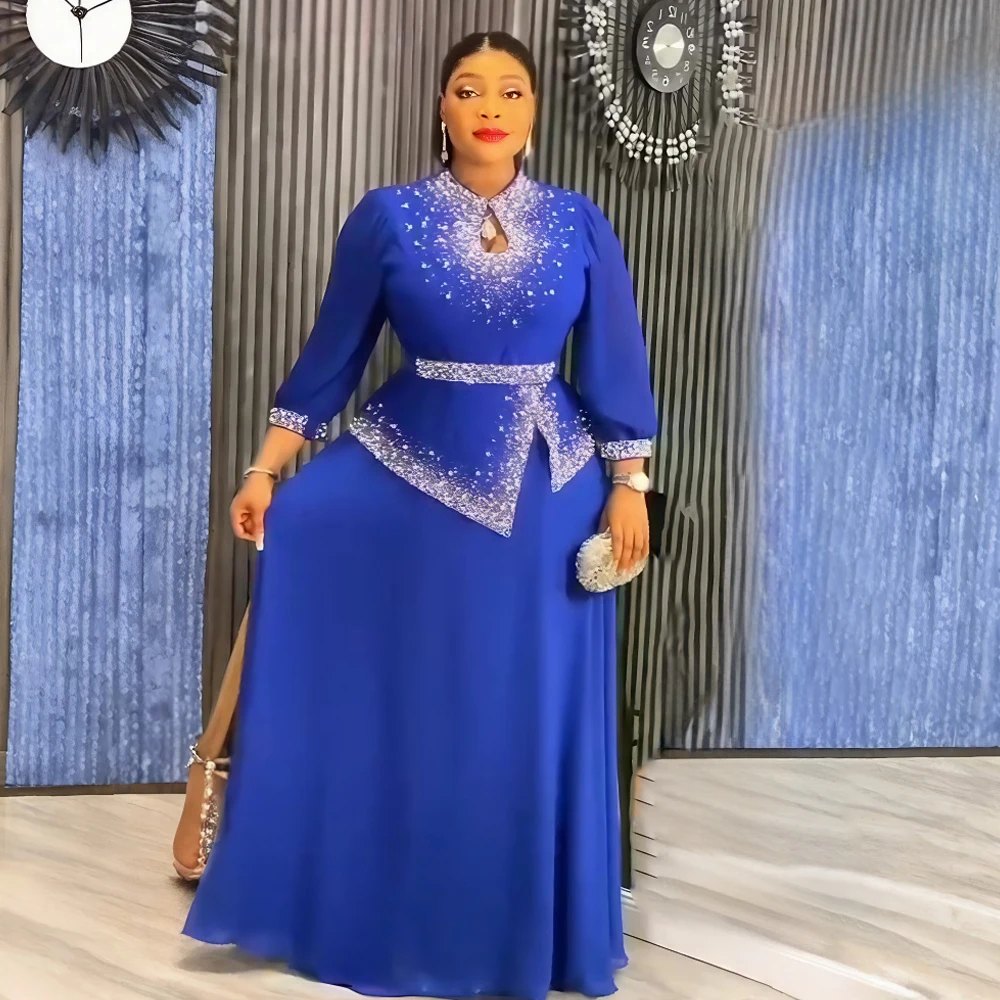 Plus Size Afrikanische Partykleider für Frauen 2025, neue Mode, Dashiki, Diamant-Hochzeits-Abendkleid, elegantes türkisfarbenes muslimisches Maxikleid
