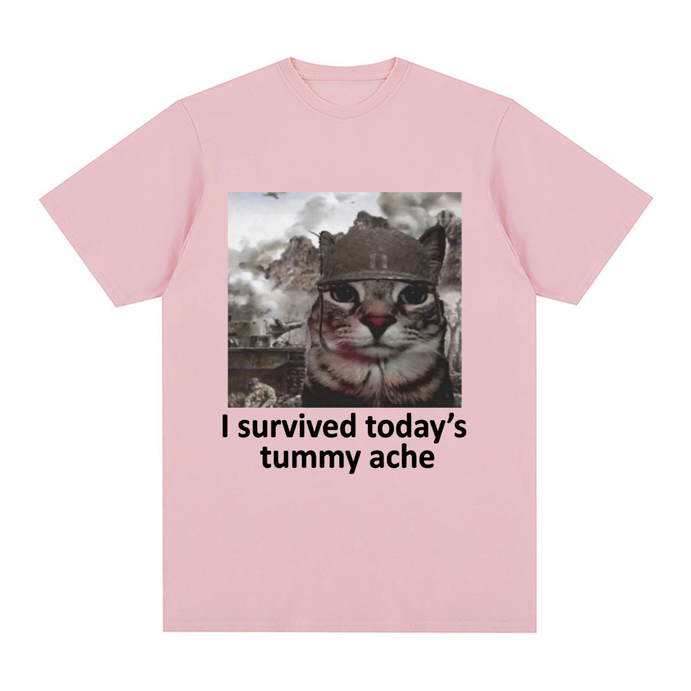 Camiseta I Survived Today's Tummy Pain, camiseta divertida de gato Meme, camiseta de manga corta para hombres y mujeres, camisetas informales de algodón de gran tamaño, ropa de calle