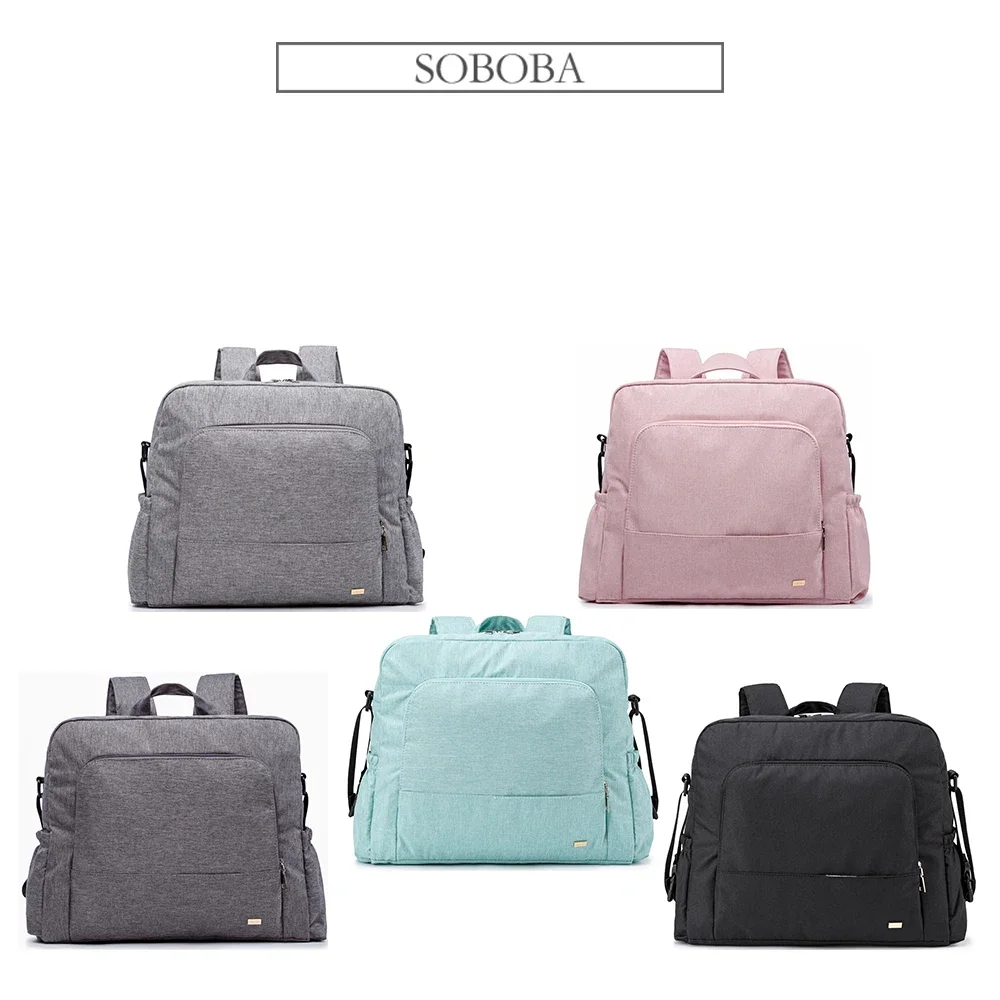 Soboba Solid กระเป๋าผ้าอ้อมแฟชั่นกันน้ํากระเป๋าเป้สะพายหลังผ้าอ้อมอเนกประสงค์พยาบาลเปลี่ยนกระเป๋าสําหรับทารกขนาดใหญ่กระเป๋ามีสไตล์
