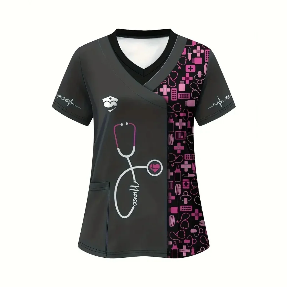 Klinische Uniform Frau Designer Cartoon Druck V-Ausschnitt Dental Scrubs Frau Sommer kurze Ärmel mit Taschen OP-Uniformen