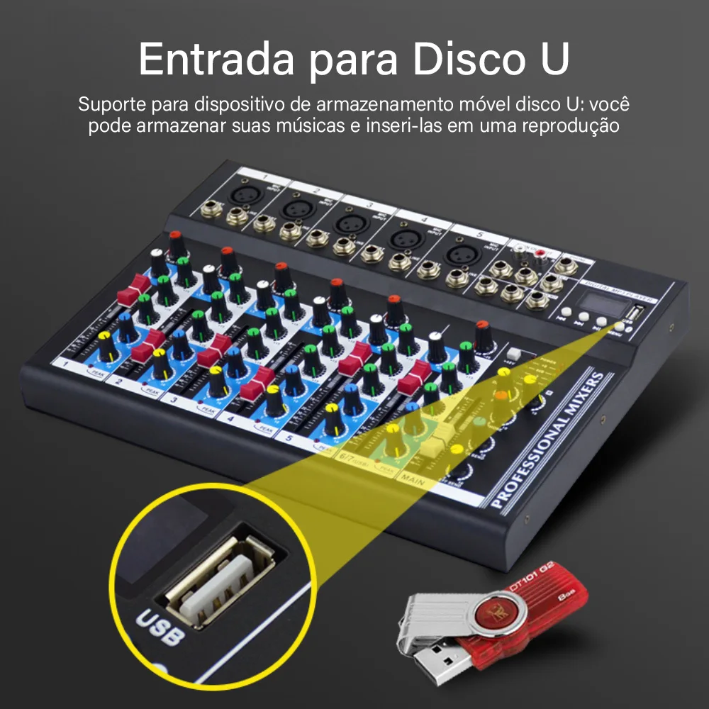 Vedo mixer portátil profissional de 7 canais, console de mixagem de som, reprodução de computador, mini mixer de áudio, transmissão de podcast