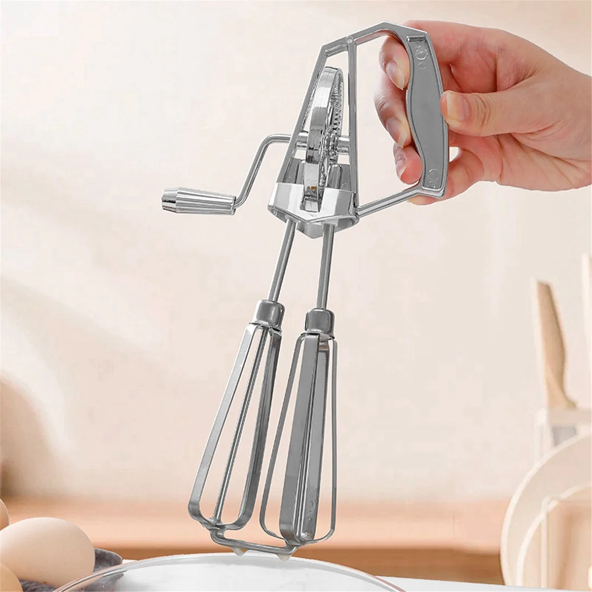 BABQ Frullino per le uova manuale a manovella - Frusta in acciaio inossidabile, Manico ergonomico in ABS, Design compatto per una facile miscelazione Argento