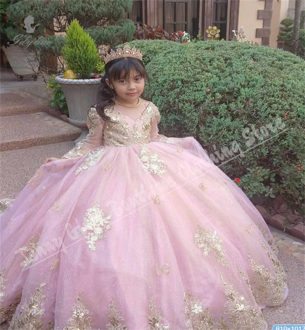 Robe de luxe à fleurs roses pour filles, pour mariage, avec nœud moelleux, manches longues, avec des appliques dorées, robe de princesse d'anniversaire, adaptée aux événements formels