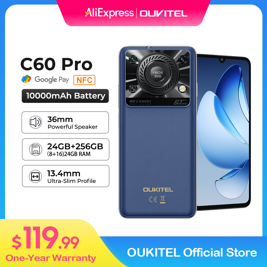 Oukitel C60 PRO teléfono inteligente 10000mAh batería 24GB + 256GB 6,88 "HD 90Hz Android 15 13,4nm 36mm potente altavoz teléfono móvil