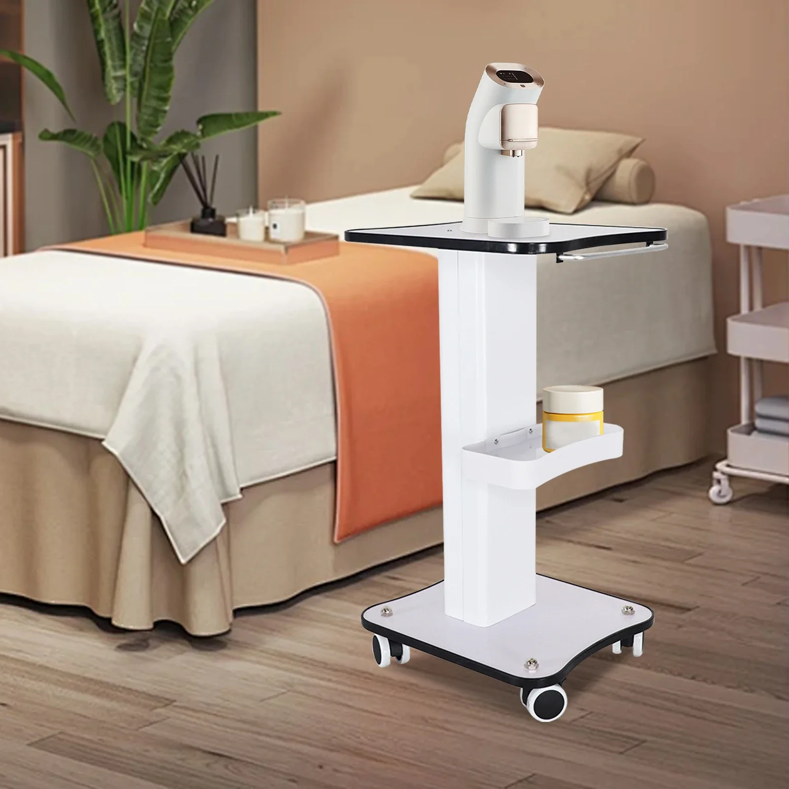 Carrello portaoggetti bianco per salone di bellezza Carrello portaoggetti SPA Attrezzatura per la conservazione della bellezza Organizzatore porta macchina a 3 livelli con maniglia di spinta