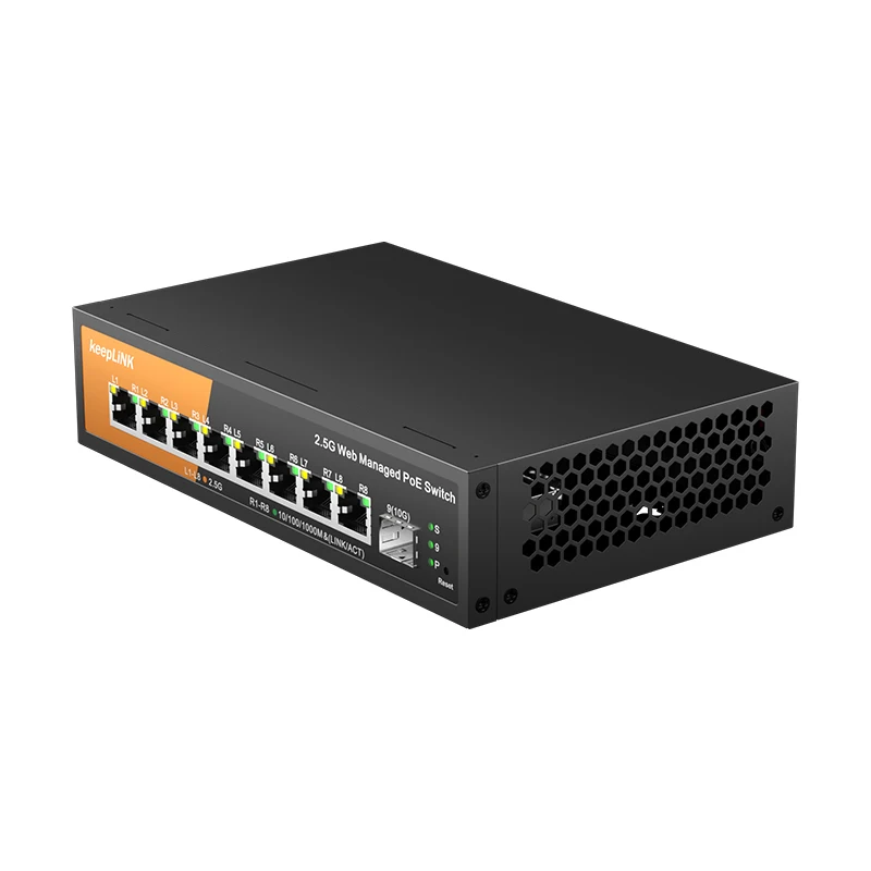 Switch gerenciado multigigabit de 9 portas KeepLink com PoE de 8-2,5 Gbps e SFP + Uplink de 1-10 Gb