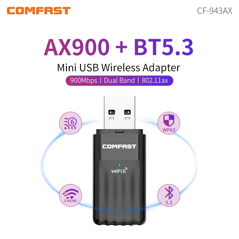 COMFAST USB WiFi Bluetooth Adapter AX900 WiFi 6 Adapter Free-Drive 2.4G&5GHz 900Mbps WiFi adaptador BT5.3 Win10/11 WPA3 WiFi6