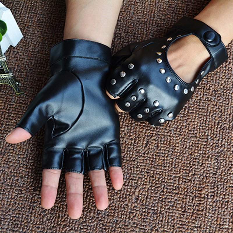 Women Punk Fingerless Dance Gloves with Studs Black PU Leather Rivets Cosplay Performance Dance Gloves Sexy Cool Riding Gloves