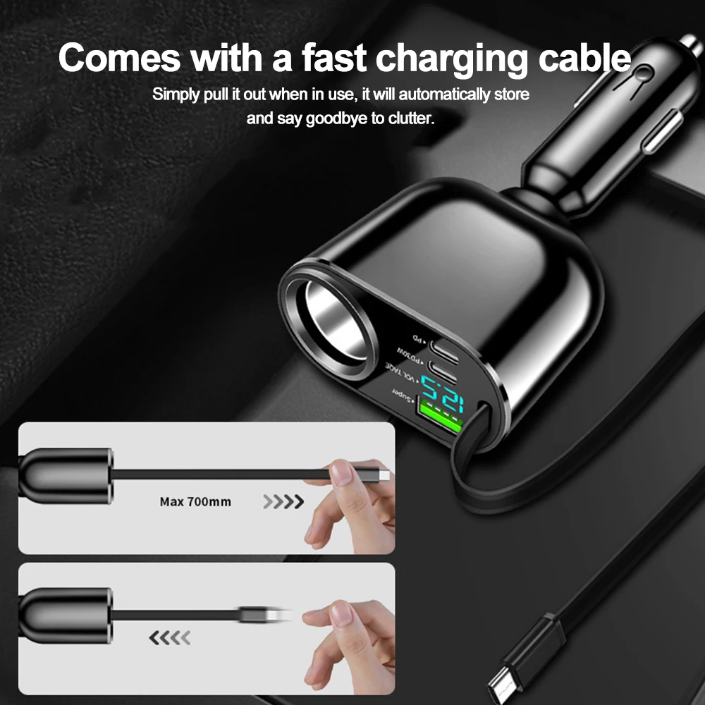Universelles Superschnelllade-Netzteil, 66 W, Zigarettenanzünder im Auto, PD + QC3.0, Autoladegerät mit Schnellladekabel vom Typ C
