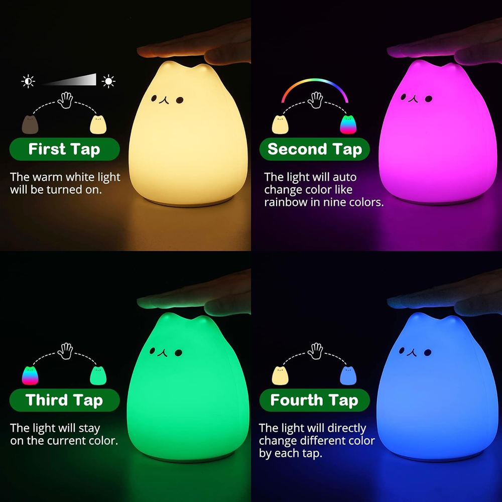 Luz LED nocturna de gato para niños, luces nocturnas de silicona con bonito gato para guardería, regalos de Navidad Multicolor portátiles para bebés y niños