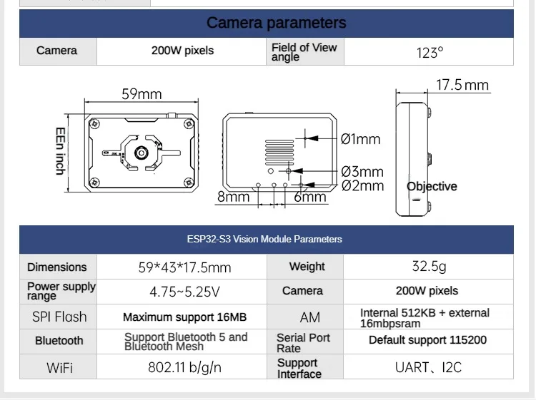 Módulo de câmera wi-fi ESP32-S3 transmissão de imagem para ros robô carro carrinho ai sensor de reconhecimento visual câmera de reconhecimento de visão