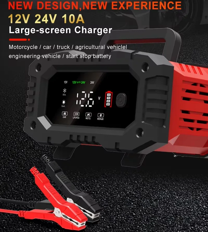 20A/10A Auto-acculader 12V/24V Volautomatische oplader Groot scherm Lithium Agm Gel Loodzuur Lifepo4 Acculaders
