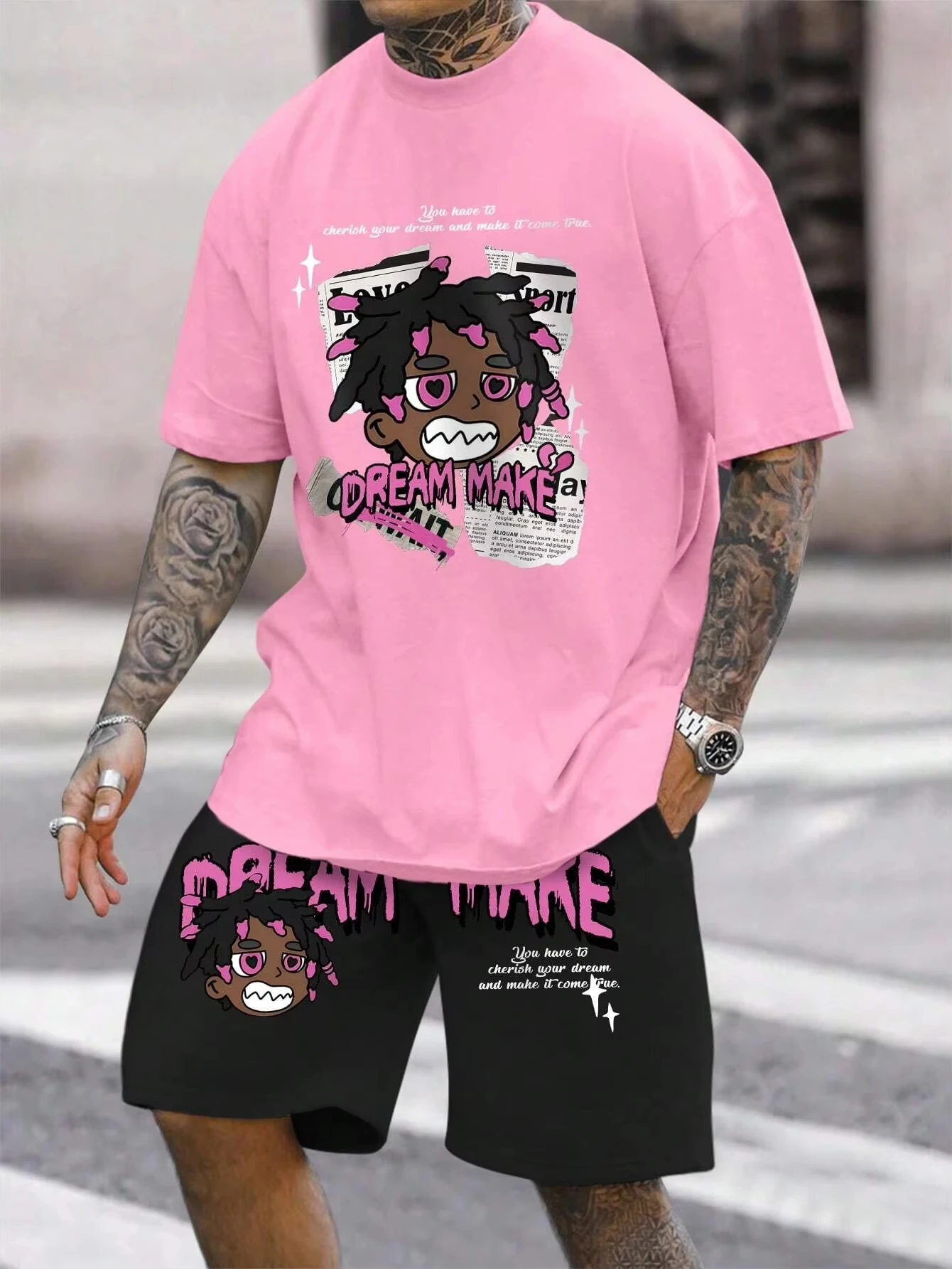 Lässiges Sommer-T-Shirt für Herren mit Rundhalsausschnitt, bedruckt mit Cartoon-Figuren und Buchstabenmustern, leichte und atmungsaktive kurze Sl