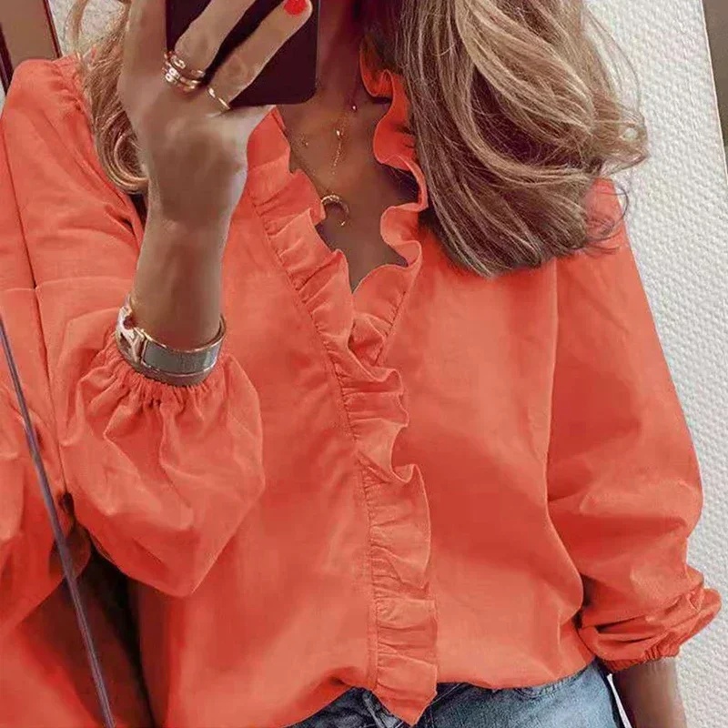 Blusa Vintage de manga larga con volantes para mujer, Tops informales de algodón con cuello en V, ropa de oficina, Otoño, 2024