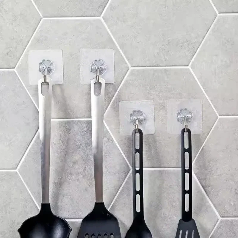 โปร่งใส Self-Adhesive Hooks ผ้าเช็ดตัวห้องน้ําเสื้อผ้าสติกเกอร์ตะขอแขวนกุญแจ Storage