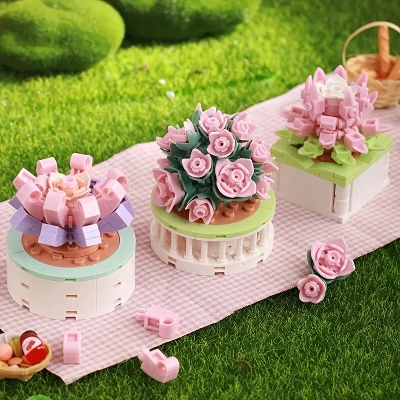 ช่อบล็อก MOC ดอกไม้บล็อกตัวต่อกระถางบอนไซโรแมนติกชุดประกอบอิฐของเล่นสำหรับ kado ulang tahun เด็กผู้หญิงเด็กน้อย
