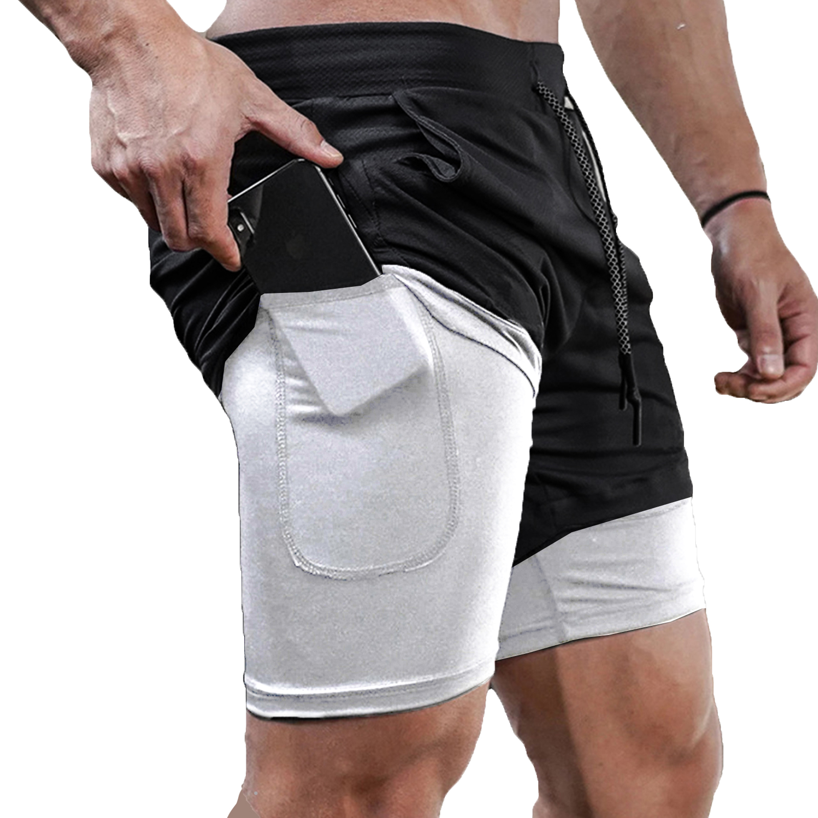 Calções de fitness de camada dupla masculino com cordão forro de malha cintura elástica respirável secagem rápida para praia piscina verão masculino