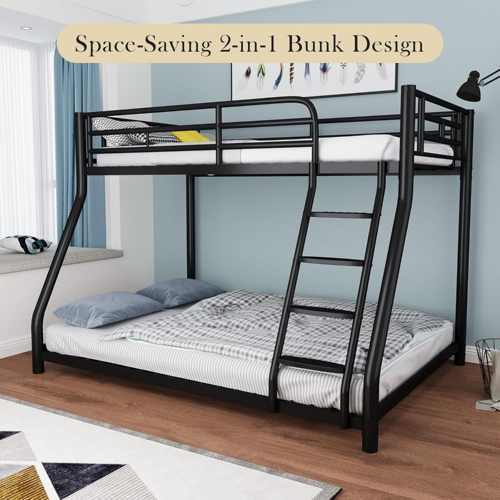 Metal Bunk Bed, Full Size Bed Frame for Adults, Twin Over Full Bunk Bed with Safety Guardrail and Ladder, Bed Twin (Black)