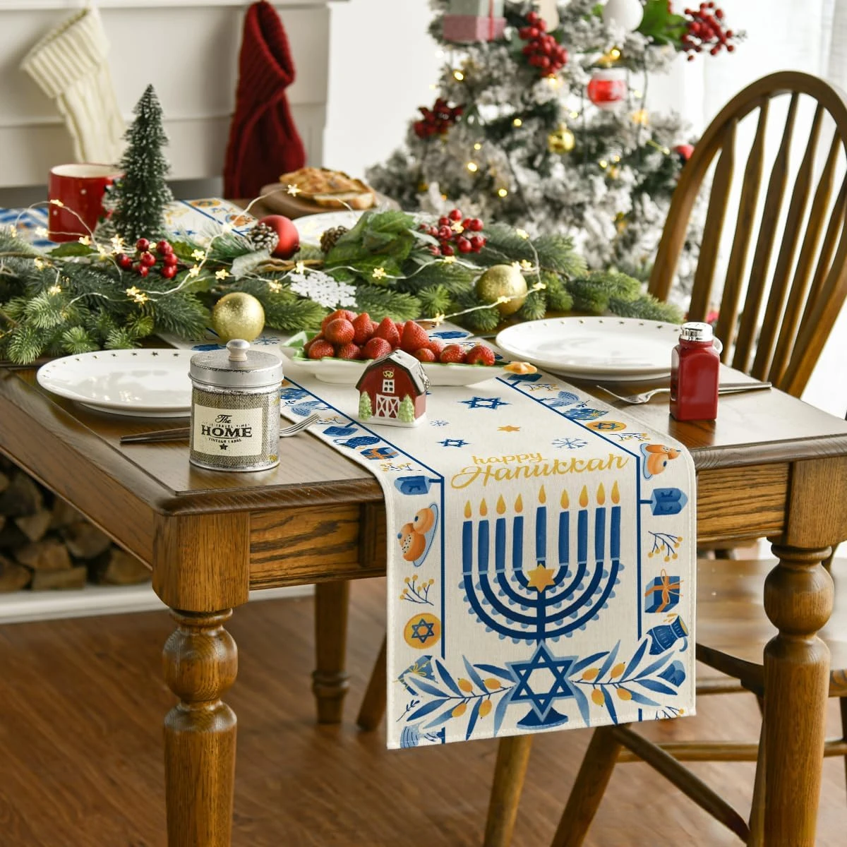 Camino de mesa de lino Happy Hanukkah Menorah, bufandas de tocador, camino de mesa de comedor de cocina Chanukah reutilizable, decoración para fiestas navideñas