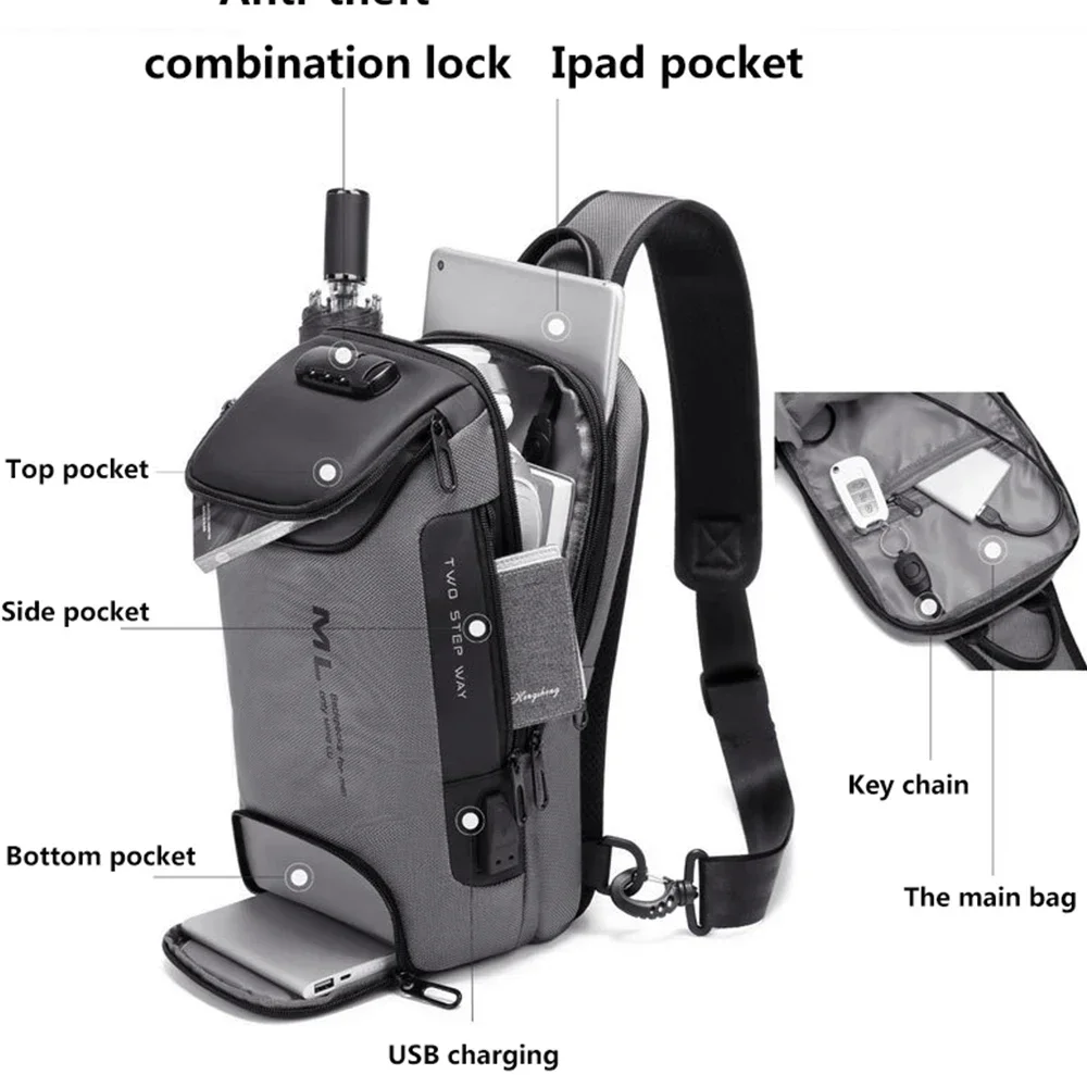 Männer Mode Anti-diebstahl Lock Multifunktions Schulter Taschen USB Lade Sling Crossbody Reise Messenger Brust Tasche Pack Für Männliche