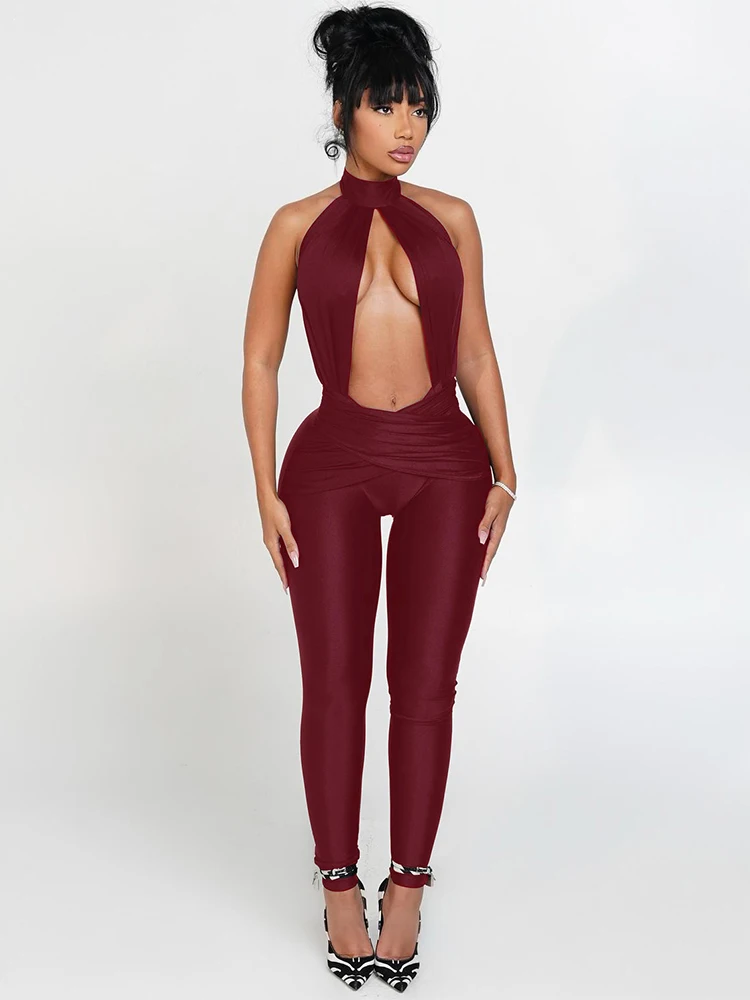 Seltsame Puss Halter-Backless-Overall Frau Sexy Hohl Fit Patchwork Taille Geraffte Mitternacht Aktivität Workout Streetwear Overalls