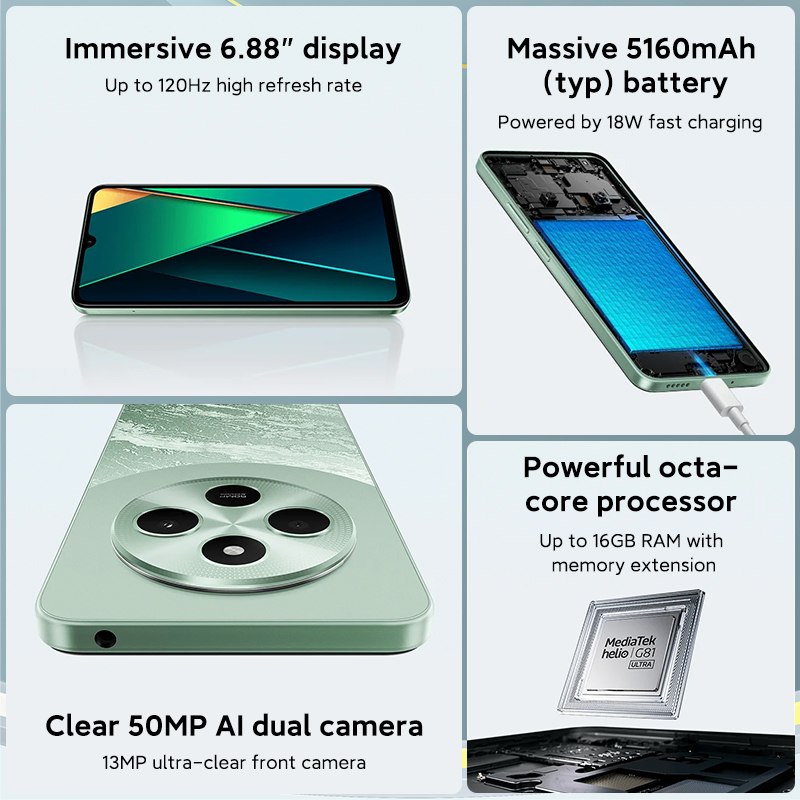 Versão global poco c75 smartphone helio G81-ultra imersivo 6.88 "display enorme 5160mah claro 50mp câmera dupla