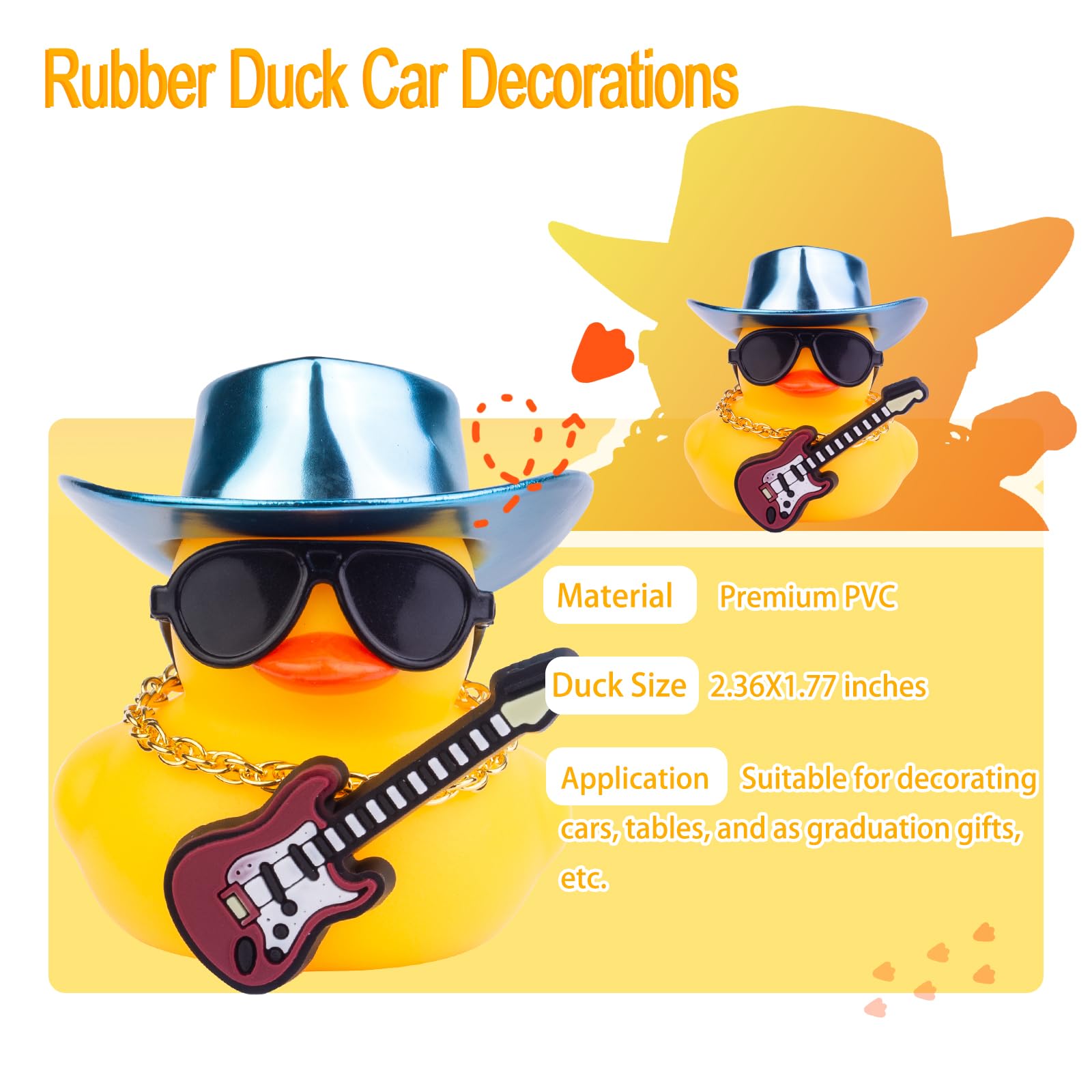 Car Yellow Rubber Duck, Duck Dashboard Decoration with Cowboy Hat Necklace Sunglasses Mini Musical Instrument for Car Dashboard