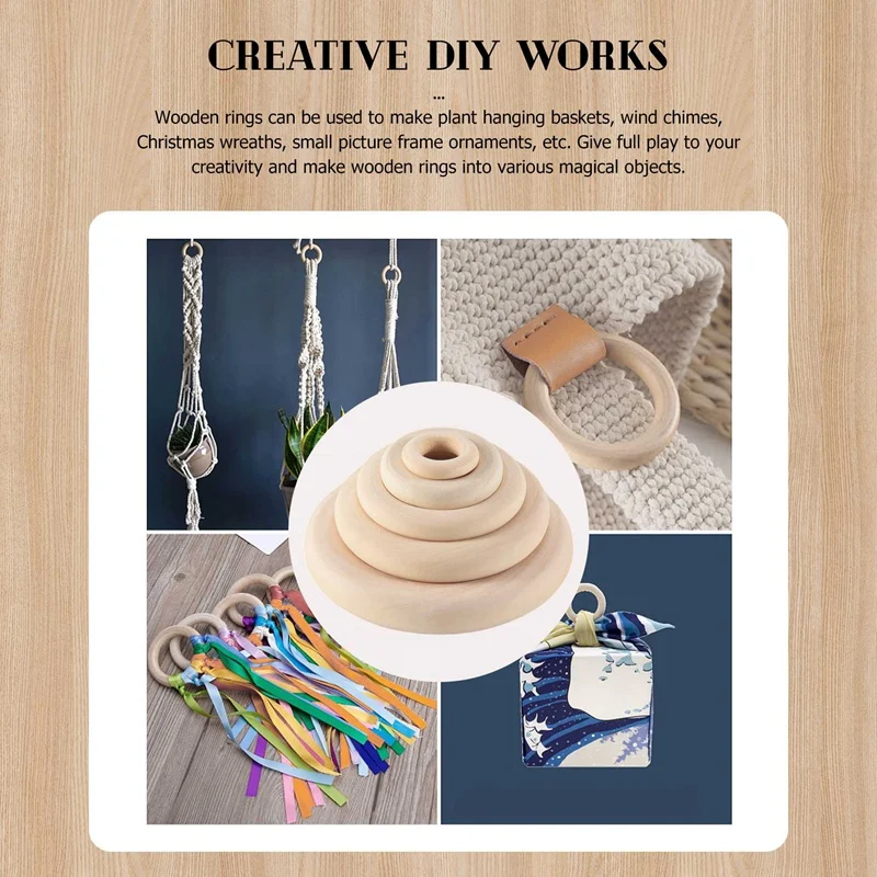 ชุดแหวนไม้ธรรมชาติ120ชิ้น, แหวนไม้ macrame ที่ยังไม่เสร็จ, วงกลมไม้สำหรับงานฝีมือ DIY, จี้แหวนการทำเครื่องประดับ