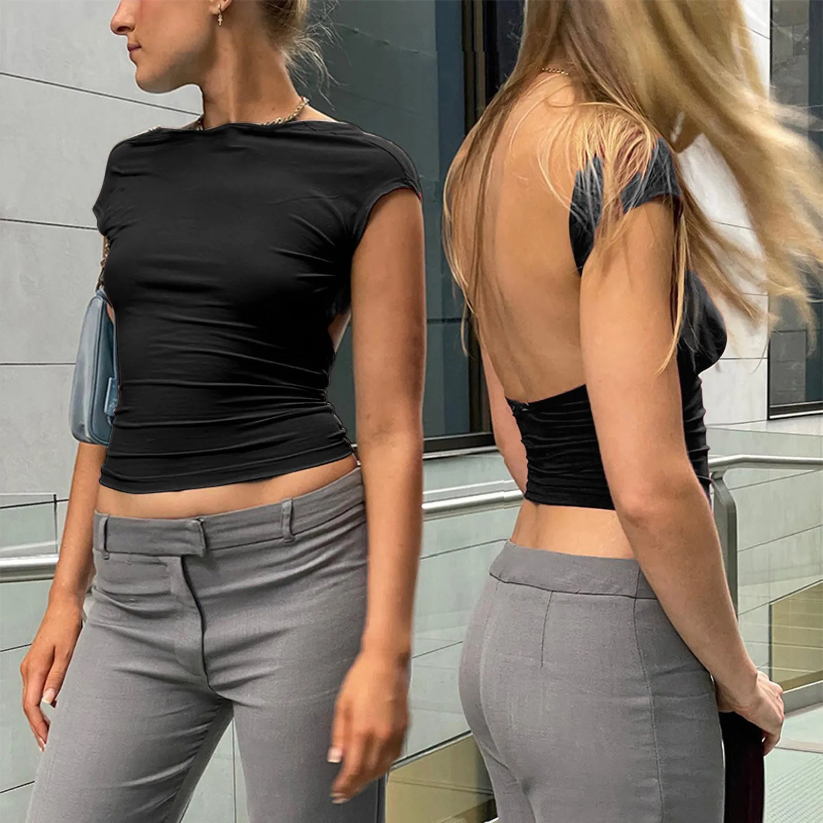 Y2K Frauen Sexy Oansatz kurzarm Bodycon T Shirt Mode Lässig Solide Street T Shirt 2023 Club party Backless T Shirt