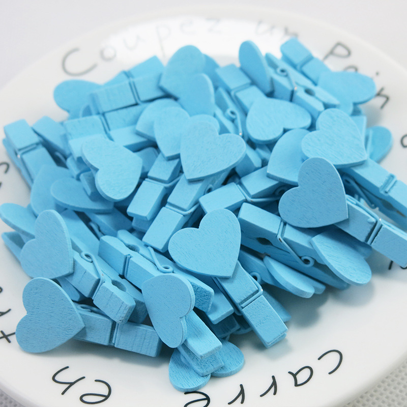 하트 핑크 블루 나무 사진 클립, 메모지 말뚝, 옷핀 문구 클립, 사무실 파티 장식 액세서리, 35*7mm, 50 개