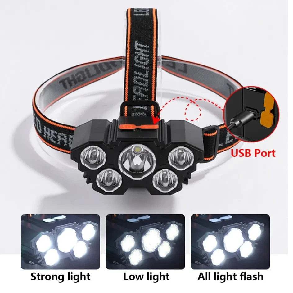 5-LED-Taschenlampe, wiederaufladbar, mit eingebauter Lithium-Batterie, starkes Kopflicht, Camping, Abenteuer, Angeln, Radfahren, Stirnlampe