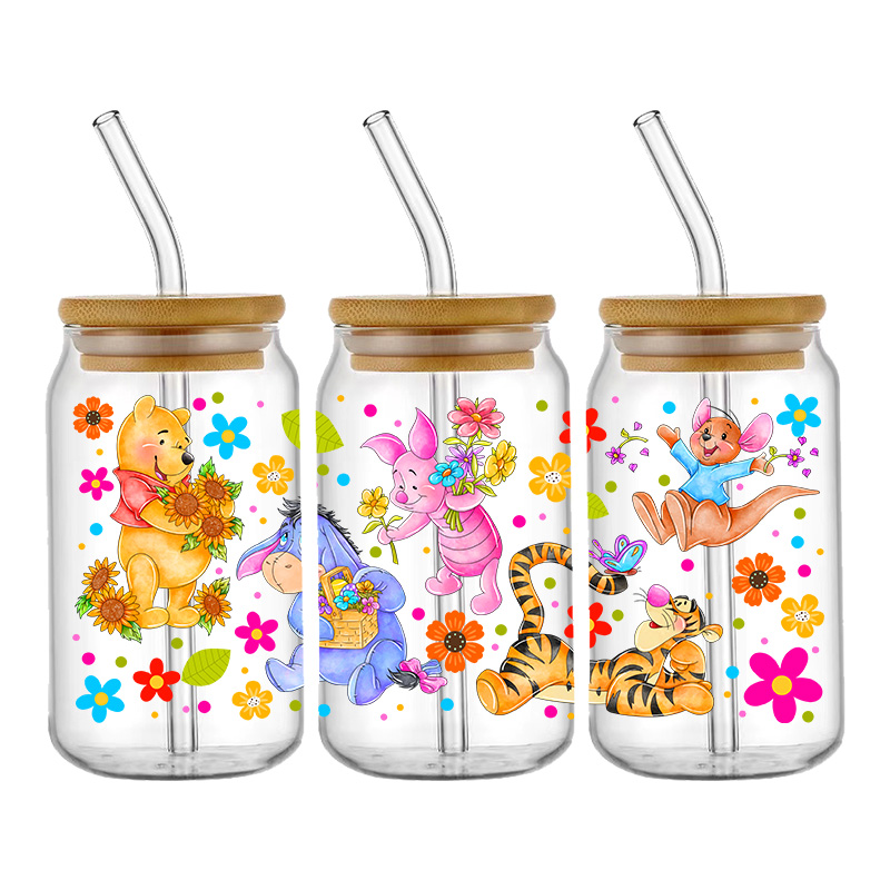 Disney Cartoon Bear Winnie the Pooh Pattern UV DTF Transfer Sticker Waterproof Transfers Decals For 16oz Glass Cup Wrap Stickers