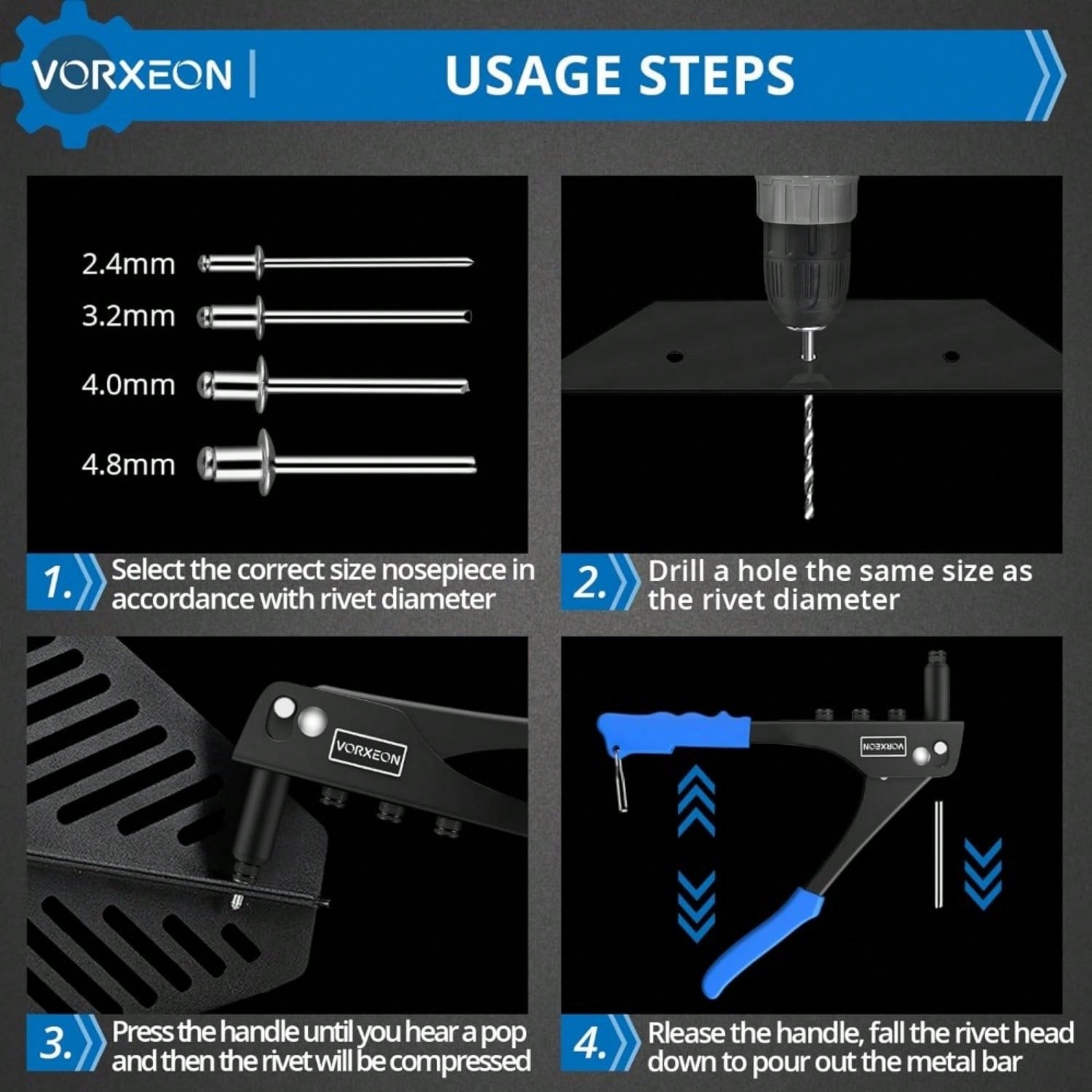 Heavy Duty Rivet Gun Hand Riveter Tool Kit Professional Pop Rivet Gun with 4 Nosepieces 100Pcs Rivets for Furniture Trailer Boat