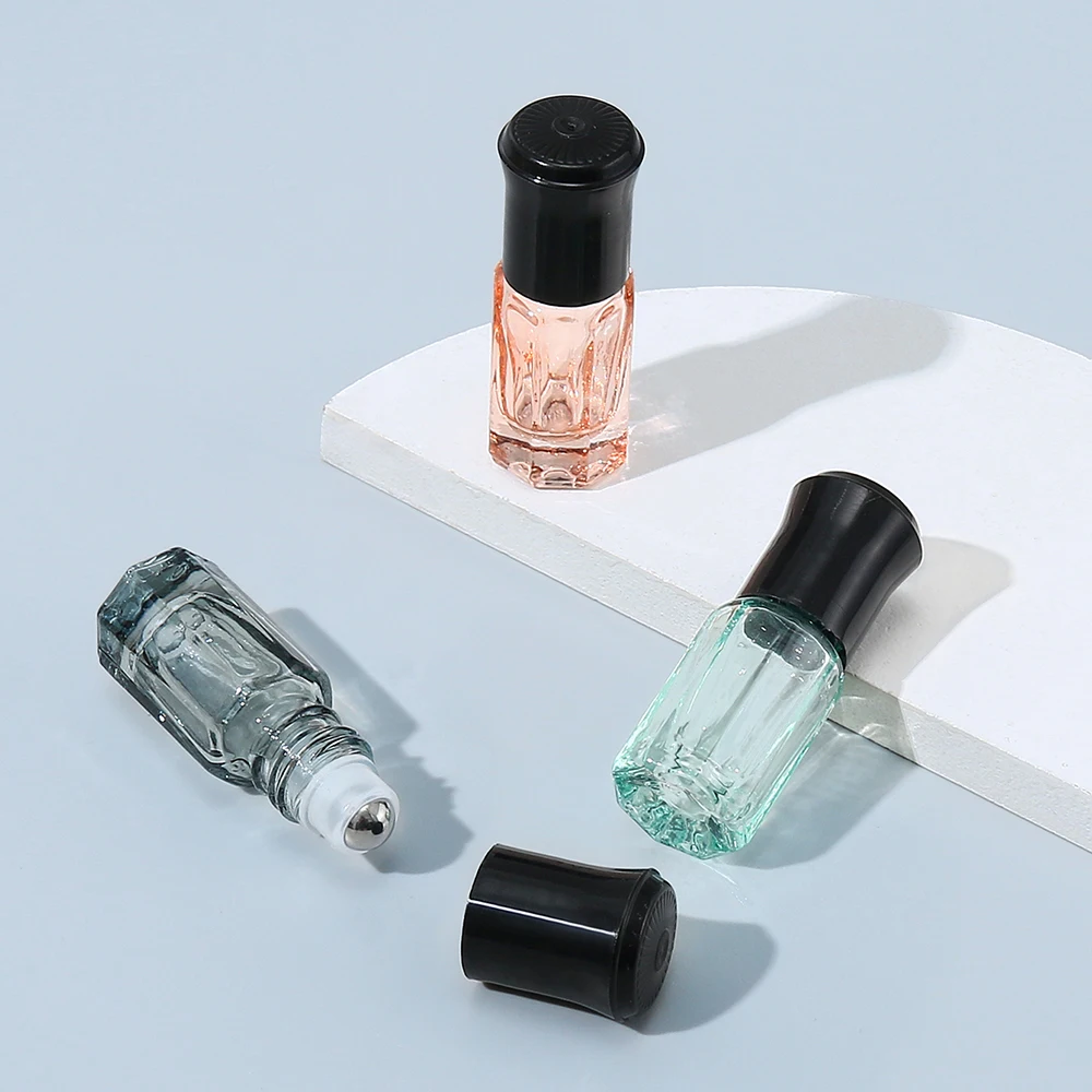 3pcs 3ml 미니 팔각형 모양 휴대용 유리 롤온 병(강철 공 포함) - 여행 및 화장품 보관에 적합