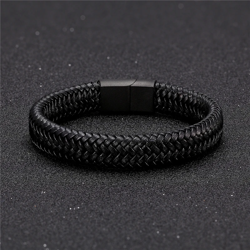 ผู้ชายคลาสสิกเครื่องประดับของแท้สายข้อมือหนังไทเทเนียมสีดำเชือก Magnetic Clasp สายรัดข้อมือสำหรับของขวัญเครื่องประดับชาย