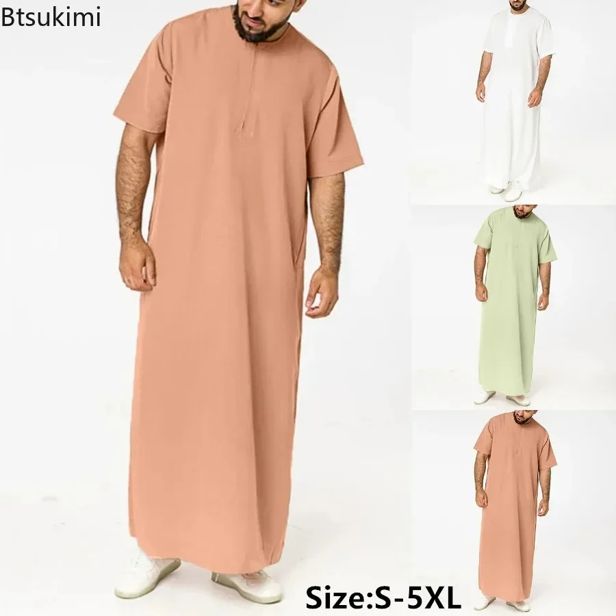 Muslimische Mode Herren Solide Roben Saudi Stil Zipper Jubba Thobe Mann Abayas Kurzarm O Neck Muslimischen Arabischen Islamischen Kleidung 5XL