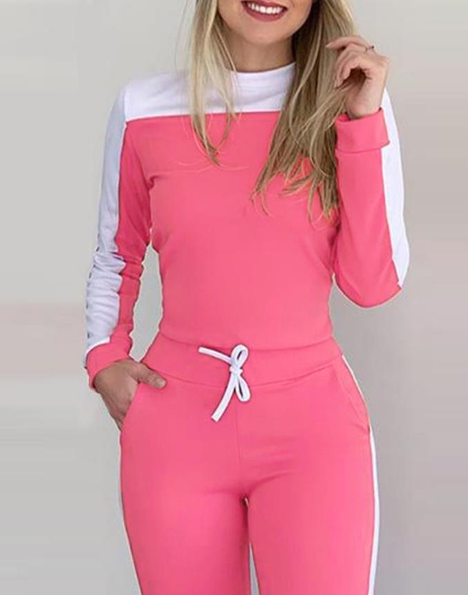 Conjunto de pantalones elegantes para mujer, informal, de otoño, bloque de Color, adelgazante, Top de manga larga, elástico, ajustado, con cordón, conjuntos a juego