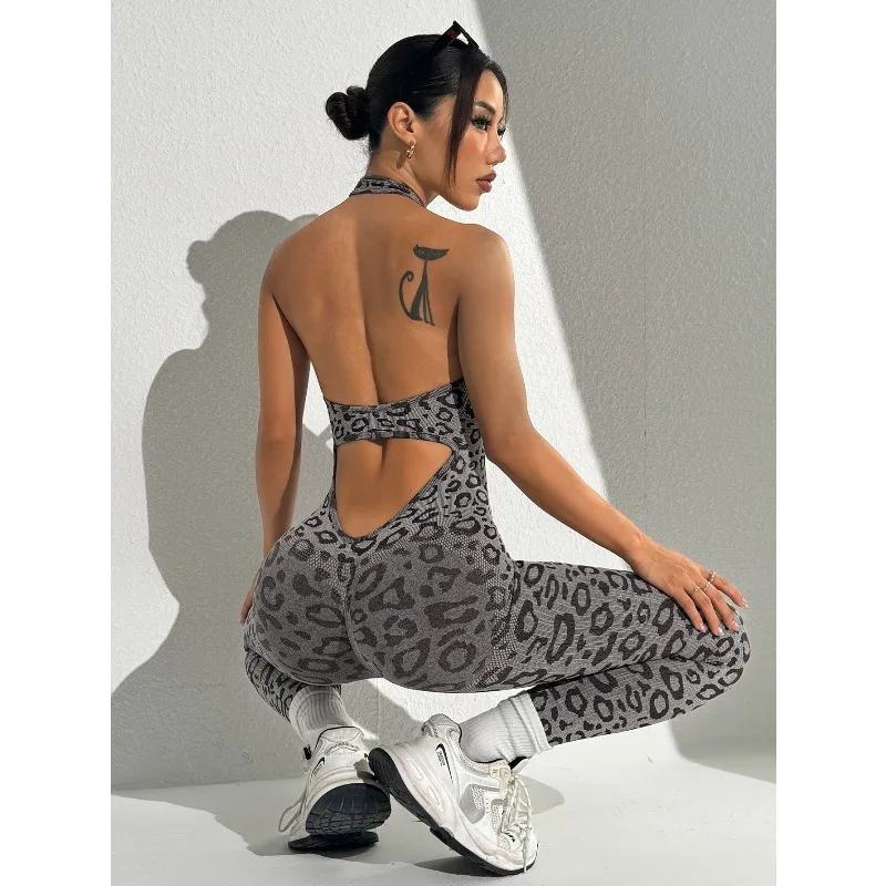 Nahtloser Overall mit Leopardenmuster für Damen, eng anliegender Overall mit hängendem Hals, Hüftheben und sexy formendes Fitness-Yoga-Outfit