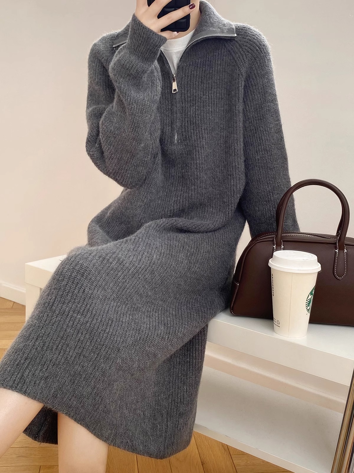 ジッパーポロネックニットドレス女性の秋冬厚手長袖マキシドレスストレート H 字型韓国スタイル通勤ドレス