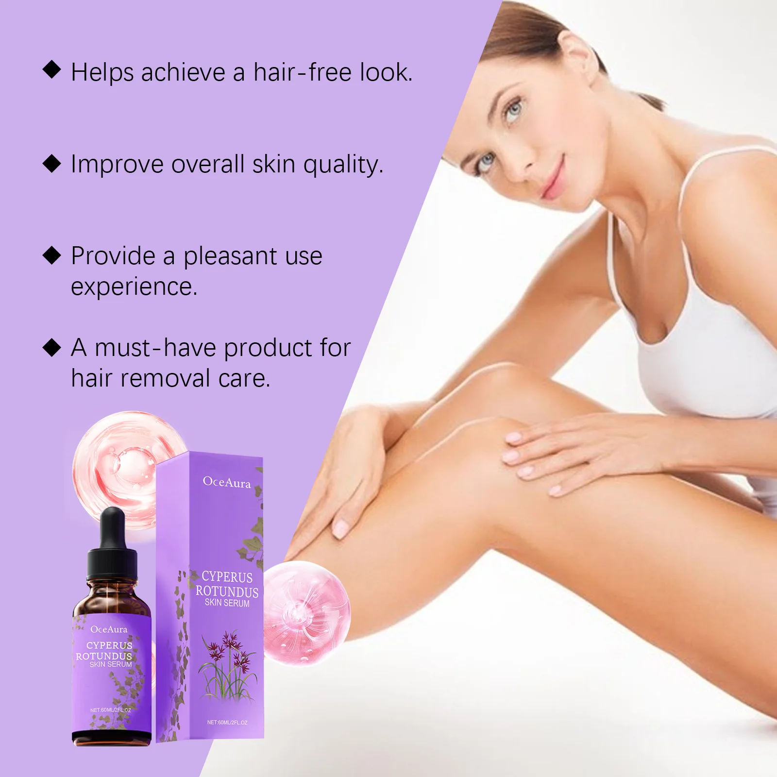 OceAura Cyperus Rotundus 제모용 오일 모발 성장 방지 제품 모이스춰 라이징 바디 오일 60ml 용 모발 억제제 제거