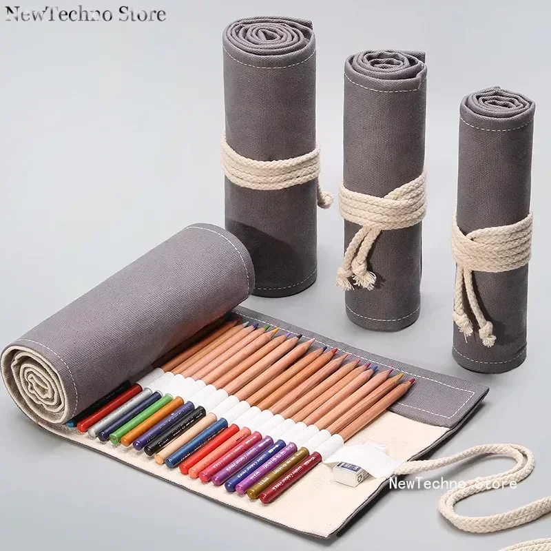 Canvas Roll Up Pen Curtain Case Pencil Bag Makeup Wrap Holder Storage Pouch School Supplies