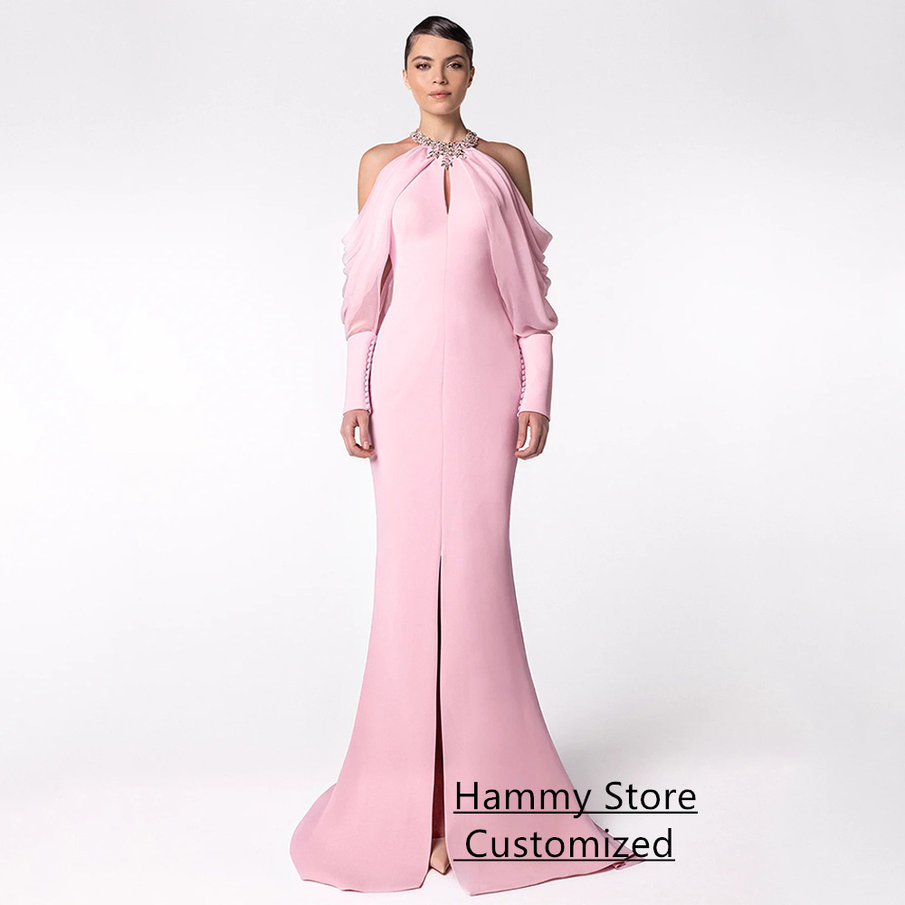 Vestido De noche De sirena Sexy, Vestidos De Fiesta personalizados con cuello Halter, mangas largas, botones, vestido De graduación rosa, Vestidos De Fiesta con abertura